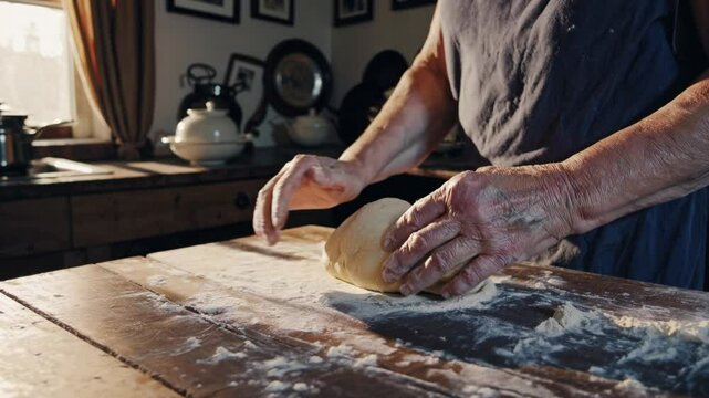 Beautiful elderly woman with wrinkled hands prepares dough on kitchen table. Knife, minced meat and condiments for pies or bread in cozy nostalgic kitchen shallow depth of field