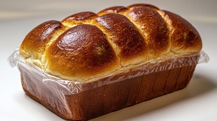 Freshly baked brioche loaf in plastic wrap on wooden cutting board