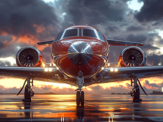 Sleek Jet Aircraft at Sunset on Reflective Runway