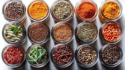 Variety of colorful spices in jars on white background: a culinary feast of flavors