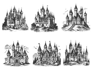 Fototapeta premium Castle Set collection bundle sketch engraving generative ai vector illustration. Scratch board imitation. Black and white image.