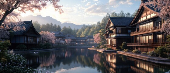 Fototapeta premium Japanese houses and tranquil water