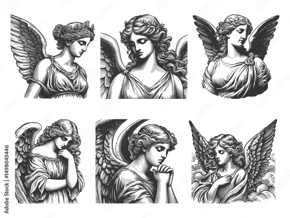 Poster sad pensive angel set collection bundle sketch engraving generative ai vector illustration. scratch 