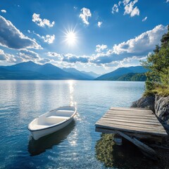 Lake view with boat and wooden dock