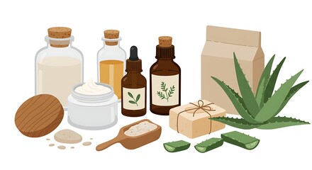 Flat Vector of Natural Skincare Products with Clean Packaging

