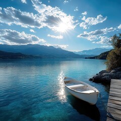 Boat on lake, clear blue water