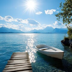 Wooden dock and boat on calm lake
