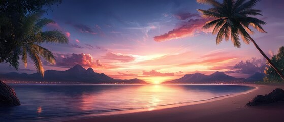 Tropical beach sunset with palm trees