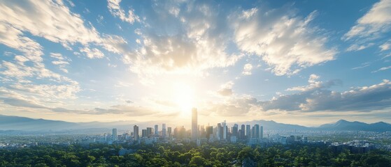 City skyline and bright sunlight