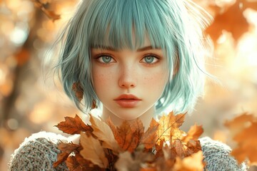 Girl with blue hair and autumn leaves