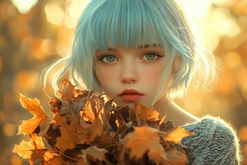 Girl holding autumn leaves