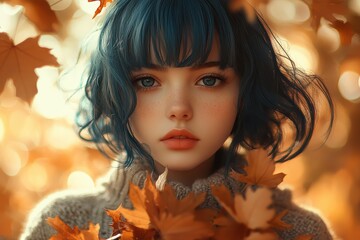 Girl portrait with blue hair and leaves