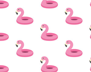 Seamless pattern with inflatable flamingo, on transparent background. Cute summer pattern. Vacation on the beach with swimming rings. Hand drawn, vector illustration