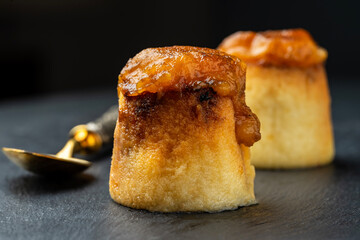 Close-up of pionono, a typical pastry sweet from Santa Fe, Granada, Spain.