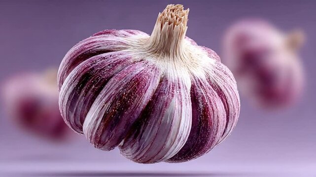 Fresh Garlic: An exquisite close-up of a vibrant garlic bulb, its layers revealed in intricate detail against a soft, blurred background. The image captures freshness, detail, and culinary delight.
