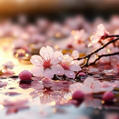 Pink flowers in water reflection