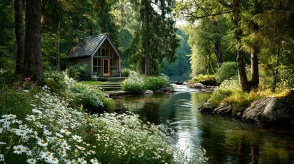 Obraz premium Stylish minimalist Swedish cabin among wildflowers by a calm river in a dense forest