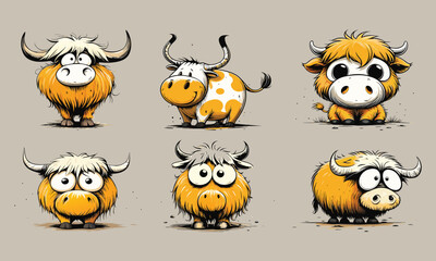 Charming Cartoon Yak Characters in a Playful Style