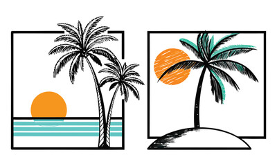 Fototapeta premium Palm Trees and Sunset Hand-Drawn Beach Scene in Square Frames