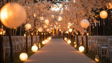 Wedding aisle with lanterns and white trees
