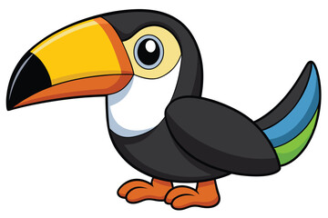 Cartoon Illustration of a Colorful Toucan Bird with Large Yellow Beak and Orange Feet