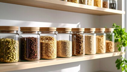 Organized Pantry Glass Jars Filled with Grains, Rice, and Legumes