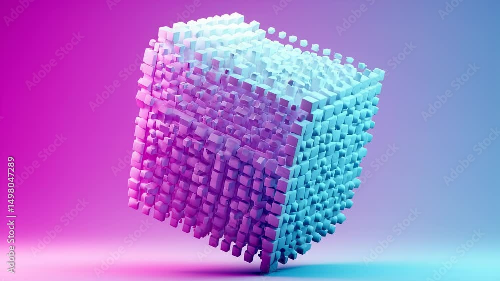 Aufkleber Abstract 3D Animation Exploding Cube in Neon Light