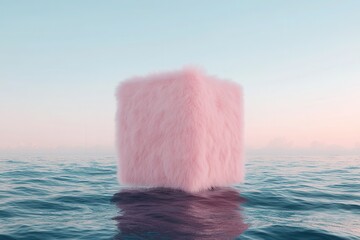 Pink fuzzy cube in ocean water