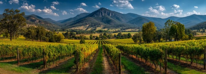 Vineyard view in Hunter Valley, Australia, showcasing ripe Semillon grapes in January