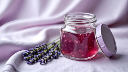 Lavender Jam in Jar on Purple Fabric - Generative AI
