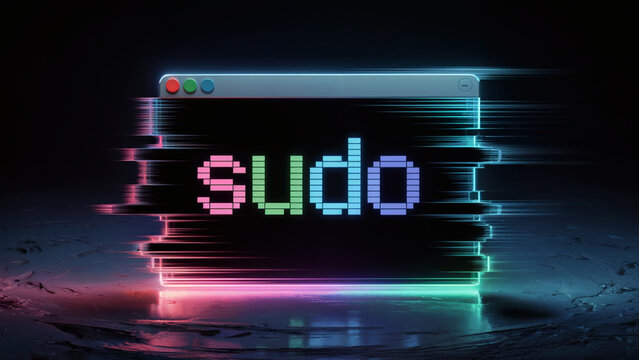 Neon-styled terminal window displaying sudo command with cyberpunk glitch effects for tech security and programming visuals