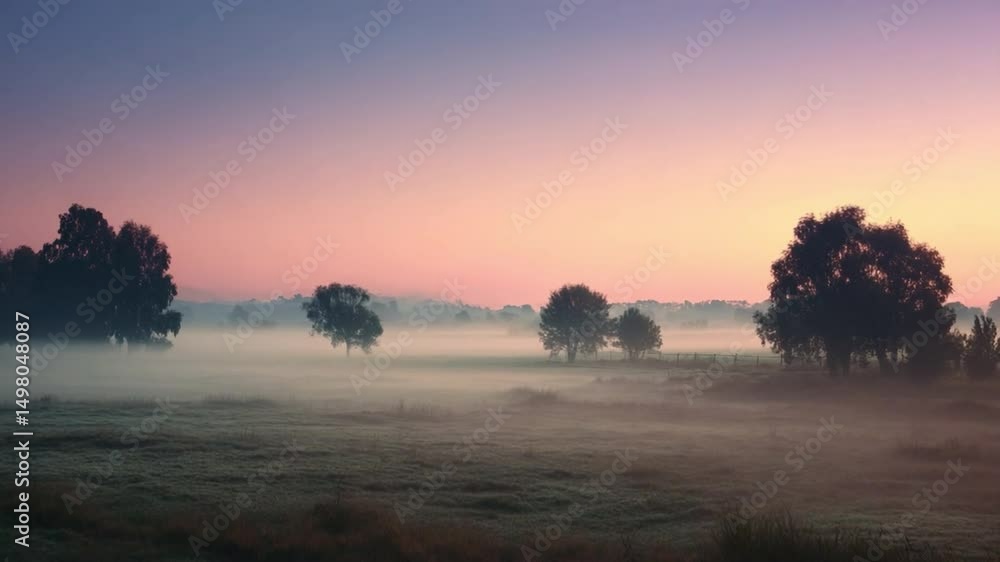 Poster misty sunrise over fields: a serene landscape featuring soft mist blanketing tranquil fields at sunr
