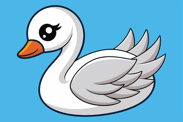 Cartoon Swan with White Feathers and Orange Beak Floating on Blue Background