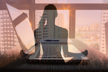 Work life balance. Woman meditating in a city office work environment. Stress control, Psychology freedom, power of mind concept 