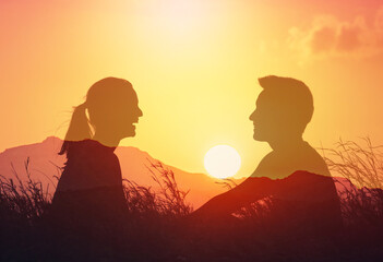 Happy couple in nature laughing talking smiling enjoying life and summer, nature, happiness, people in a happy state of mind 