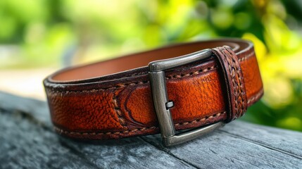 Close-up of a stylish handcrafted brown leather belt with a metal buckle.