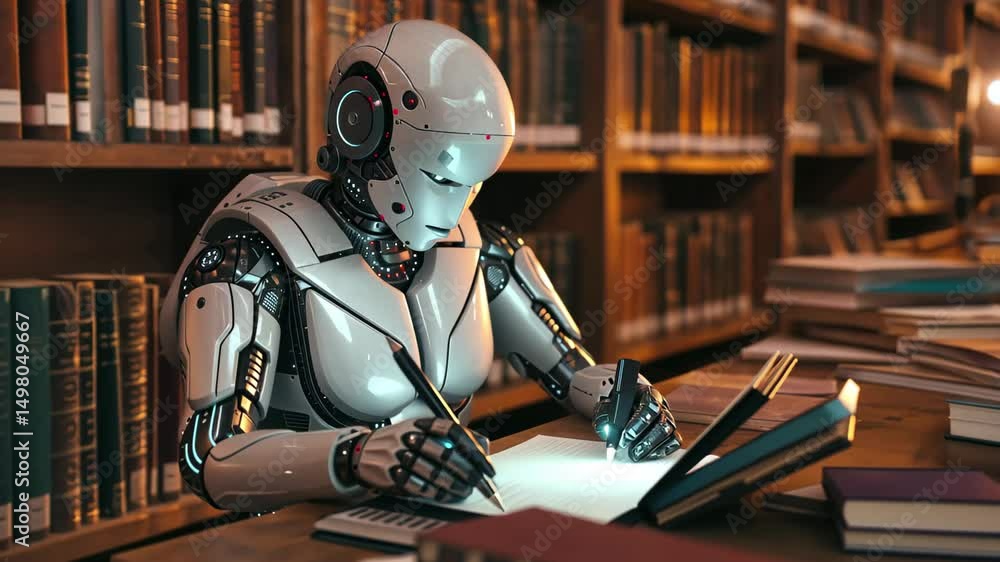 Aufkleber a futuristic robot author diligently writes notes on a notepad in an old library filled with towerin