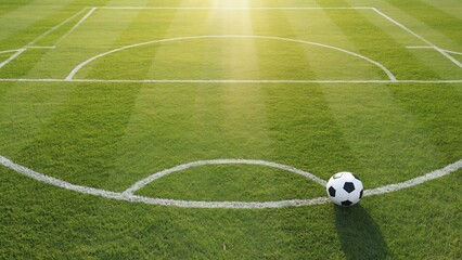 Obraz premium A football field with bright green grass and white marking lines. The ball is in the center of the field, illuminated by the sun, ready for an exciting match.