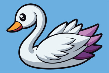 Cartoon Swan with White and Purple Feathers Isolated on Light Blue Background