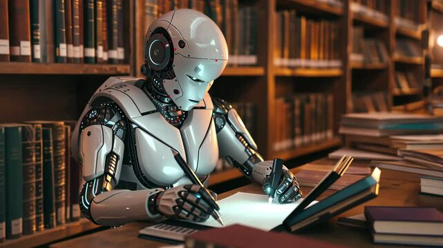 A futuristic robot author diligently writes notes on a notepad in an old library filled with towering shelves of books during a quiet afternoon