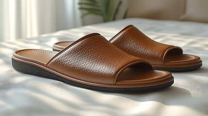 Handcrafted leather slippers on plain background high resolution picture