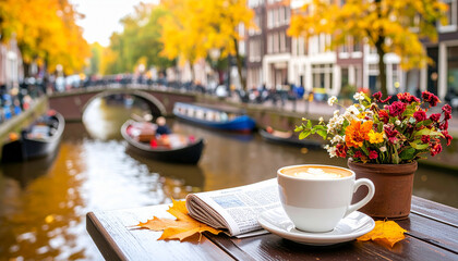 An AI generated image of a cafe along a canal in Amsterdam, with a coffee mug on the table 
