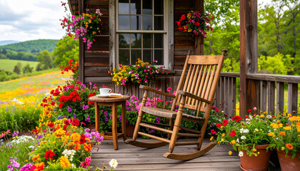 An AI generated image of a rocking chair on the porch of a countryside house surrounded by flowers