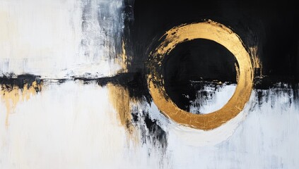 Abstract painting with gold circle, black and white