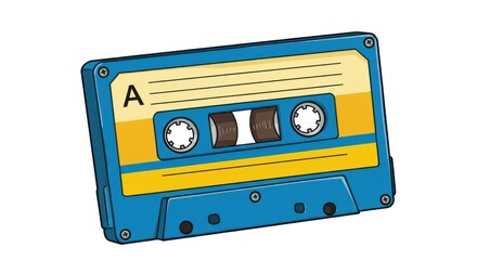 Obraz premium Blue and yellow cassette tape isolated on white background