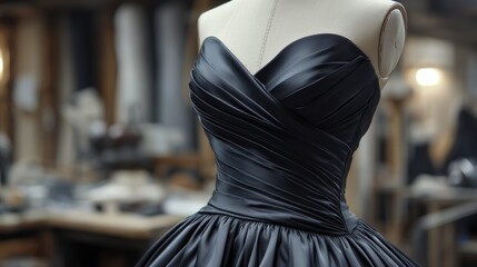 Elegant black satin evening dress with careful ironing at a fashion atelier