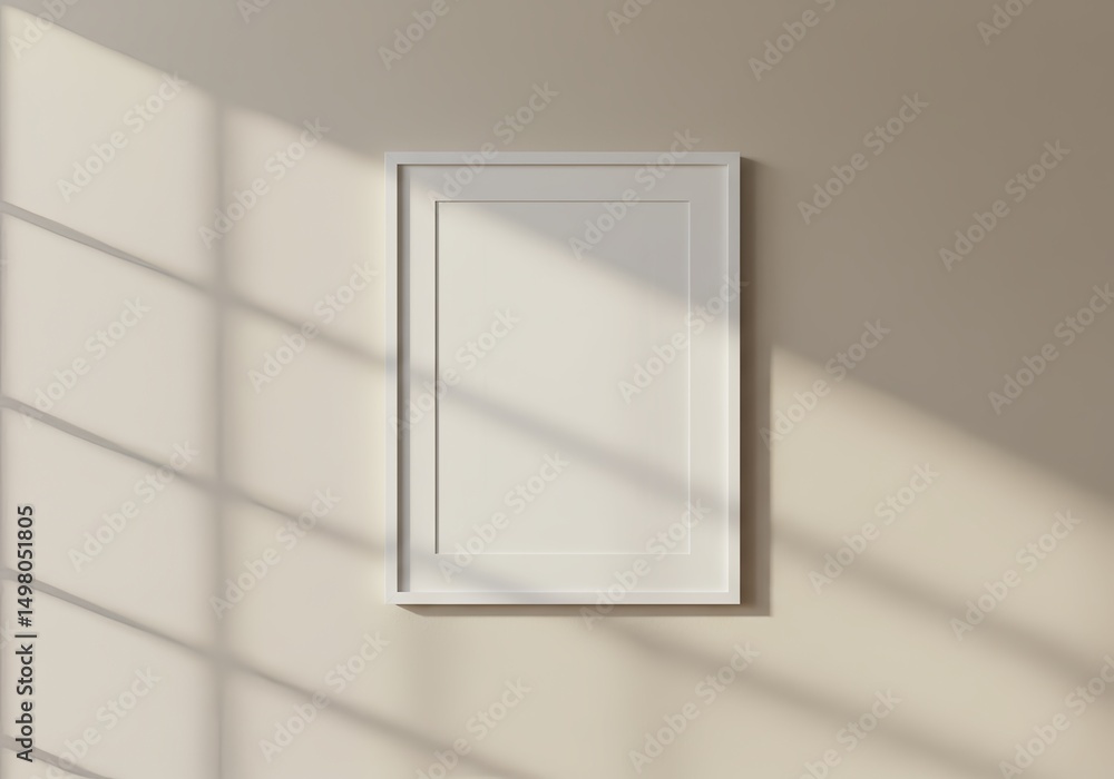 Poster blank white picture frame on a beige wall with window light casting shadows creating a minimalist de