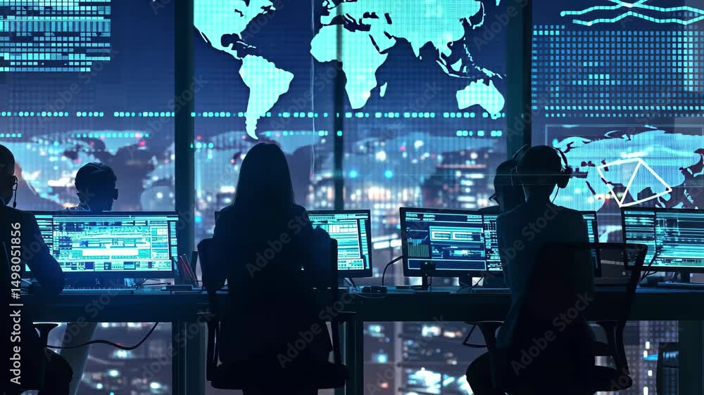 Poster a team collaborates in a futuristic cybersecurity workspace with large digital displays, analyzing d