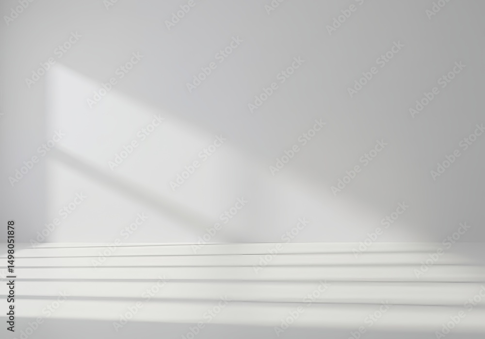Poster sunlight creates shadows in a bright white empty room, illuminating the architecture with a minimali