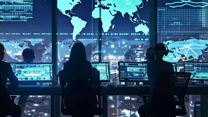 A team collaborates in a futuristic cybersecurity workspace with large digital displays, analyzing data and monitoring networks at night in a high-tech city environment - Powered by Adobe